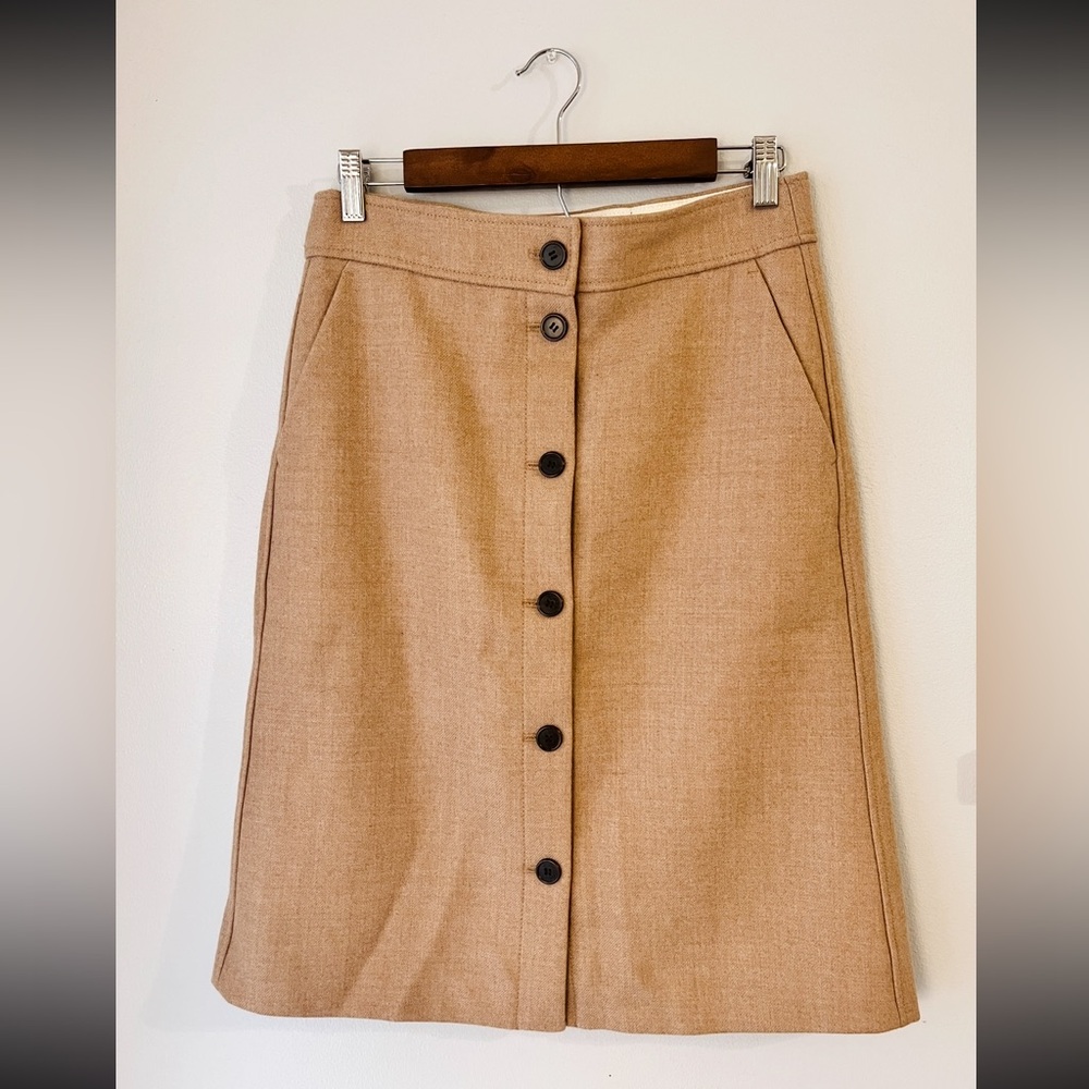 J.Crew 100% Wool Pencil Skirt, Camel, Button-Front, Fully Lined, Size 6 Tall